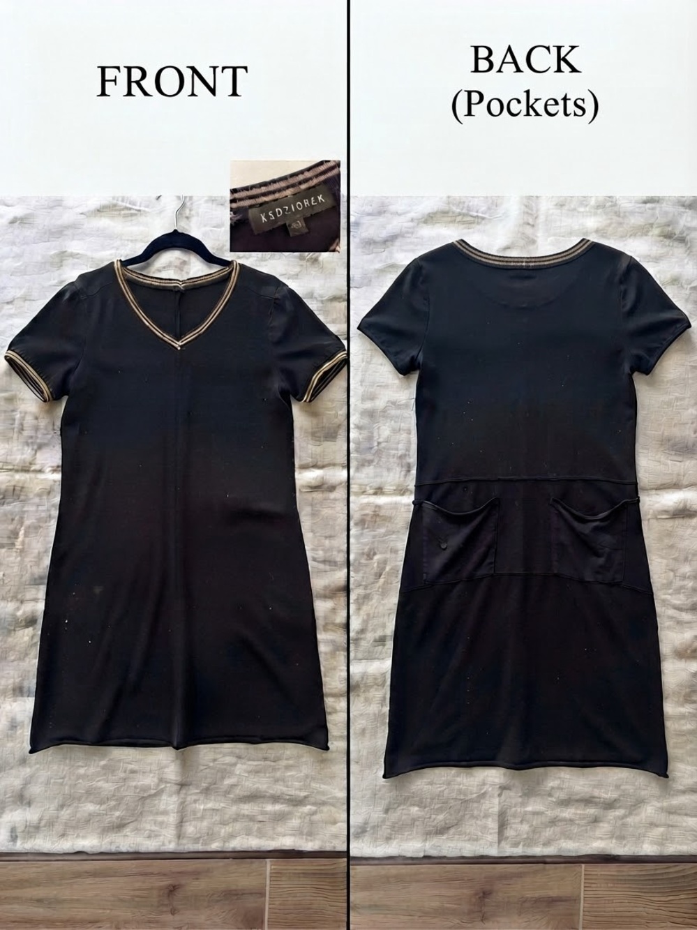 Designer KEDZIOREK Black Cotton V-Neck Elevated Basic Pocket Dress Size 40 US L